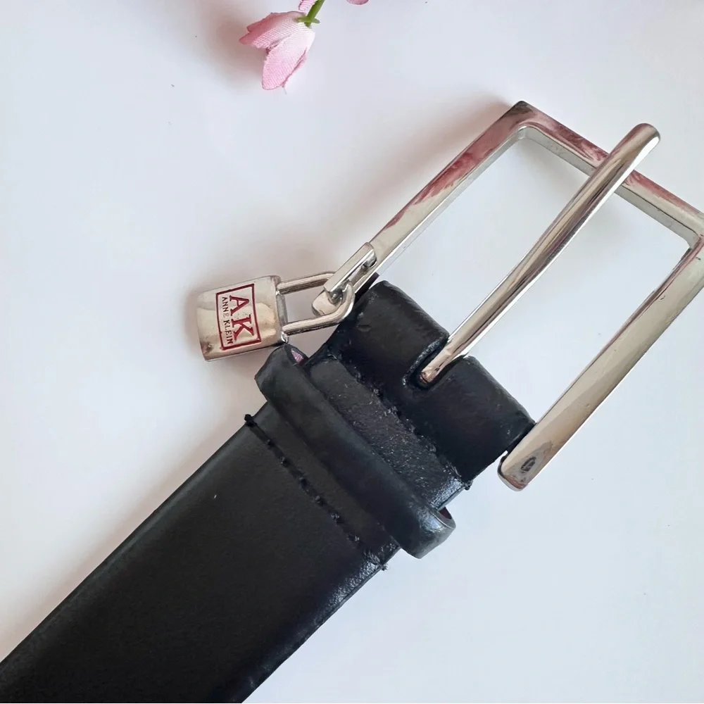 Anne Klein “AK” Black Genuine Leather Silver Lock Charm Rectangle Buckle Belt